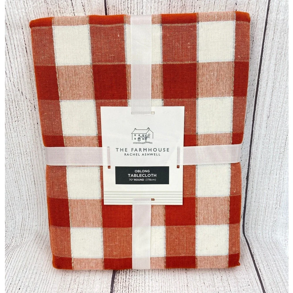 The Farmhouse Rachel Ashwell Tablecloth 60x104 Orange Buffalo Check Metallic